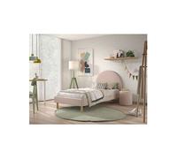 CONNIE - Pack Lit 90x200cm Tête Demi-Lune + Pouf Tissu Bouclé Rose -