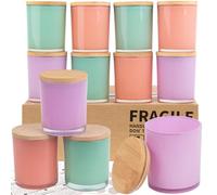CONNOO Lot de 12 pots à bougies en verre à ressort de 283,5 g pour la fabrication de bougies avec couvercles hermétiques en bambou - Jolies étiquettes d'avertissement adhésives pour la fabrication de