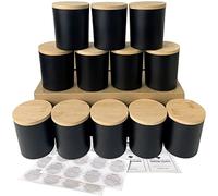 CONNOO Lot de 12 pots à bougies en verre noir mat de 283,5 g pour la fabrication de bougies avec couvercles hermétiques en bambou - Jolies étiquettes d'avertissement adhésives pour la fabrication de