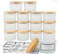 CONNOO Lot de 15 pots à bougie en verre dépoli de 113 g avec couvercles hermétiques en bambou, conteneurs vides à bougie de petite taille à ouverture large avec étiquettes d'avertissement adhésives