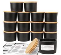 CONNOO Lot de 15 pots à bougie en verre noir mat de 113 g avec couvercles hermétiques en bambou, conteneurs vides à bougie de petite taille à ouverture large avec étiquettes d'avertissement adhésives