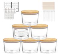 CONNOO Lot de 6 bocaux à bougies de 473,6 g - 3 mèches en verre transparent vides à large ouverture sont livrés avec des couvercles en bambou, des étiquettes d'avertissement adhésives et un kit de