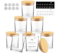 CONNOO Lot de 8 bocaux à bougies vides en verre transparent de 410 ml avec couvercles en bambou pour la fabrication de bougies, boîtes à bougies vides de grande taille avec étiquettes adhésives,