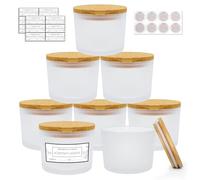 CONNOO Lot de 8 bocaux en verre dépoli pour fabrication de bougies hermétiques avec couvercle en bambou - Jolies étiquettes d'avertissement collantes pour la fabrication de bougies - Récipients vides