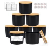 CONNOO Lot de 8 pots à bougies en verre noir de 350 ml à large ouverture pour la fabrication de bougies avec couvercles hermétiques en bambou - Jolies étiquettes d'avertissement adhésives pour la
