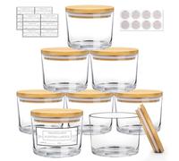 CONNOO Lot de 8 pots à bougies en verre transparent de 350 ml pour la fabrication de bougies avec couvercles hermétiques en bambou - Jolies étiquettes d'avertissement adhésives pour la fabrication de