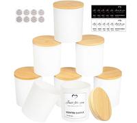 CONNOO Lot de 8 pots à bougies vides en verre blanc de 410 ml pour la fabrication de bougies avec couvercles en bambou et étiquettes adhésives, pots à épices et poudre.