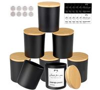 CONNOO Lot de 8 pots à bougies vides en verre noir de 410 ml pour la fabrication de bougies avec couvercles en bambou et étiquettes adhésives, pots à épices et poudre.
