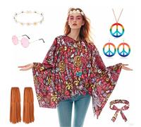 Conponous Deguisement Hippie Femme, Costume Carnaval Femme, Tenue Annee 70 avec Poncho Bandeau Boucles d'Oreilles Collier Signe de Paix Guirlande Lunettes Rétro Hippie pour Déguisement Carnaval