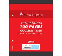 Conquérant Feuilles Simples 17x22cm Seyès 100 Pages 80g Grands Carreaux Sous Film Bleues