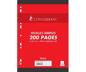 Conquérant Feuilles simples perforées A4 90 g 200 pages petits carreaux 5 x 5