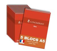 CONQUERANT lot de 10 Bloc-Notes Sténo A5 Ligné 7mm 180 Pages Reliure Intégrale Couverture Carte Rouge