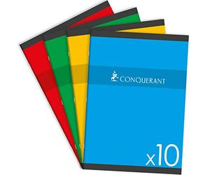 Conquérant Lot de 10 Cahiers de Devoirs 17x22cm Grands Carreaux Seyès 96 Pages Agrafées Couverture Carte Coloris Assortis