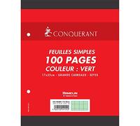 CONQUÉRANT Lot de 3 Feuilles Simples 17x22cm Grands carreaux 100 Pages Vertes