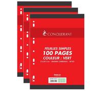 Conquérant Lot de 3 Feuillets mobiles A4 cm 100 pages 80g grands carreaux verts