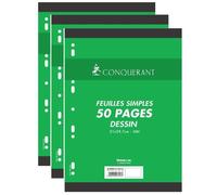 Conquérant Lot de 3 Feuillets mobiles dessin 21 x 29,7 cm 120g 25 feuilles uni blanc