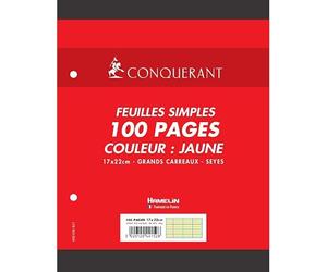CONQUÉRANT Lot de 3 Feuillets mobiles jaune 17x 22 cm, 80g 100 pages grands carreaux