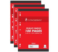 CONQUÉRANT Lot de 3 Paquets Feuilles Simples 100 Pages A4 80g Petits Carreaux
