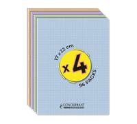 Conquérant, Lot de 4 Cahiers Classique Pastel 17x22 96 Pages Grands Carreaux Seyès Agrafées, Couverture Polypro, Pastel Vert, Lilas, Abricot, Bleu