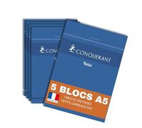 Conquérant lot de 5 Bloc-Notes A5 Petits Carreaux 5mm 200 Pages Agrafées Tête Couverture Carte Bleue