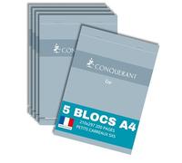 Conquérant lot de 5 Bloc-Notes Eco A4 Petits Carreaux 5mm 200 Pages Agrafées Tête Couverture Carte Bleue