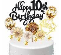 Conruich Décoration de Gâteau 10 ans Garçon Fille, Deco de Gâteau Toppers Happy 10th Birthday Noir Or, Cake Topper 10e Anniversaire Garçon, Gâteau Avec Ballons Confettis pour Fête 10 ans Anniversaire