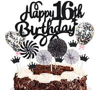 Conruich Décoration de Gâteau 16 ans Garçon Fille, Deco de Gâteau Toppers Happy 16th Birthday Noir, Cake Topper 16e Anniversaire Garçon, Gâteau Avec Ballons Confettis pour Fête 16 ans Anniversaire