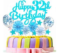 Conruich Décoration de Gâteau 32 ans Femme Homme, Deco de Gâteau Toppers Happy 32th Birthday Bleu, Cake Topper 32e Anniversaire Garçon, Gâteau Avec Ballons Confettis pour Fête 32 ans Anniversaire