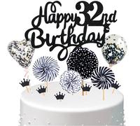 Conruich Décoration de Gâteau 32 ans Femme Homme, Deco de Gâteau Toppers Happy 32th Birthday Noir, Cake Topper 32e Anniversaire Garçon, Gâteau Avec Ballons Confettis pour Fête 32 ans Anniversaire