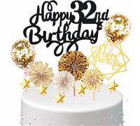 Conruich Décoration de Gâteau 32 ans Femme Homme, Deco de Gâteau Toppers Happy 32th Birthday Noir Or, Cake Topper 32e Anniversaire Garçon, Gâteau Avec Ballons Confettis pour Fête 32 ans Anniversaire
