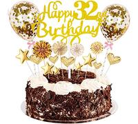 Conruich Décoration de Gâteau 32 ans Femme Homme, Deco de Gâteau Toppers Happy 32th Birthday Or, Cake Topper 32e Anniversaire Garçon, Gâteau Avec Ballons Confettis pour Fête 32 ans Anniversaire