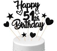 Conruich Décoration de gâteau 51e anniversaire homme Décoration de gâteau Happy 51th Birthday Noir Paillettes Décoration de gâteau 51e anniversaire Ballons Confettis Éventails en Papier pour