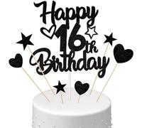 Conruich Décoration de Gâteau Anniversaire 16 ans Filles, Deco Gateau Anniversaire 16 ans Garçons, Noir Or Gâteau Toppers Happy Birthday Décoration Gateau pour Fête 16 ans Anniversaire Filles Garçons