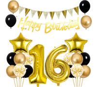 Conruich Kit de décoration d'anniversaire 16 ans, ballons décoratifs pour enfants de 16 ans, guirlande dorée Happy 16 ans, décoration d'anniversaire 16 ans, garçons et filles, ballons en aluminium