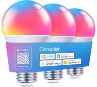 Consciot Lot de 3 ampoules intelligentes Bluetooth WiFi à changement de couleur, synchronisation musicale, ampoule intelligente équivalente à 60 W, Alexa/Google Home/Apple Home/Siri, lot de 3 ampoules