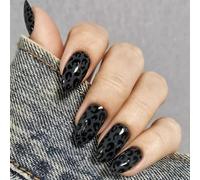 Conseils de couverture complète gris-noir imprimé léopard profil amande faux ongles à presser, look quotidien habillé pour la préparation le dîner, paquet de 10 pièces presse sur manucure faux