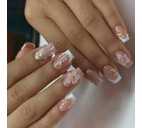 Conseils de manucure prêts à l ' emploi avec détails français dégradés rose pêche, ensemble de 24 fleurs 3D, finition perle et usure ABS réutilisable