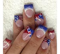 Conseils français courts à presser sur les ongles 24 pièces Jour de l'indépendance Faux ongles avec bandes scintillantes et étoile pour femmes et filles