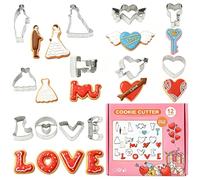 Consnew 12 Pièces Emporte-pièce Saint Valentin Acier Inoxydable, avec Coeurs, Robe de Mariée, Marié et Mariée, Lettres LOVE, Réutilisable pour Anniversaires, Friandises & Soirées