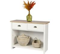 Console avec 1 étagère et 2 tiroirs de style colonial - 97x35xH76 cm, couleur blanc et plateau en chêne clair - Collection MADERA