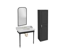 Console Cléo 1889 avec plan vasque 3 trous + colonne droite + miroir + mélangeur croisillon lavabo or + siphon or