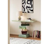 Console contemporaine empilée - Base géométrique multicolore avec plateau en verre, table d'entrée design italien pour couloirs et espaces de vie modernes