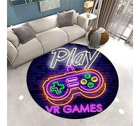 Console de Jeu Néon 3D Tapis Rond Salon Chambre Ado Garçon Hommes Manette de Jeu Tapis d'intérieur Antidérapant Arc-en-ciel Noir Violet Gamer Gaming Rond Tapis Washable (Couleur 1,140 cm)
