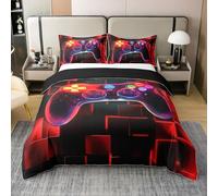 Console de Jeux pour Enfants Coton Housse de Couette 200x200,Jeu Literie Set,Contrôleur de Jeu Électronique Manette de Jeu Parure de Lit Néon Lumineux Carré Grille Géométrique Rouge Couvre Lit