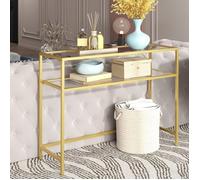 Console, Dessus de Table en Verre Trempé, Cadre Métallique, Pieds Réglables, pour Salon, Entrée, Couloir, Doré et Transparent