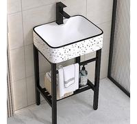 Console d'évier de salle de bain en céramique de ferme - Baignoire à linge sur pied avec pieds en métal rectangulaire en porcelaine - Station de lavage des mains et étagère de rangement