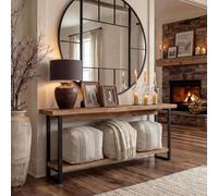 Console en Bois Massif à Bords Naturels pour Entrée, Style Campagnard, Table Basse étroite de 160 cm à Placer Derrière Un Canapé, Pieds en Métal Robustes, Idéale pour Un Hall d'entrée ou Un Salon