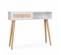 Console en cannage 100x29x81cm - Bohème - Blanc. 1 tiroir.1 espace de rangement. pieds scandinaves décor bois. 1 poignée