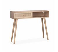 Console en cannage 100x29x81cm - Bohème - Naturel. 1 tiroir.1 espace de rangement. pieds scandinaves décor bois. 1 poignée