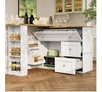 Console extensible avec rangement, 1 porte, 2 tiroirs abattants et plateau rotatif, pour cuisine MDF blanc - UVRION